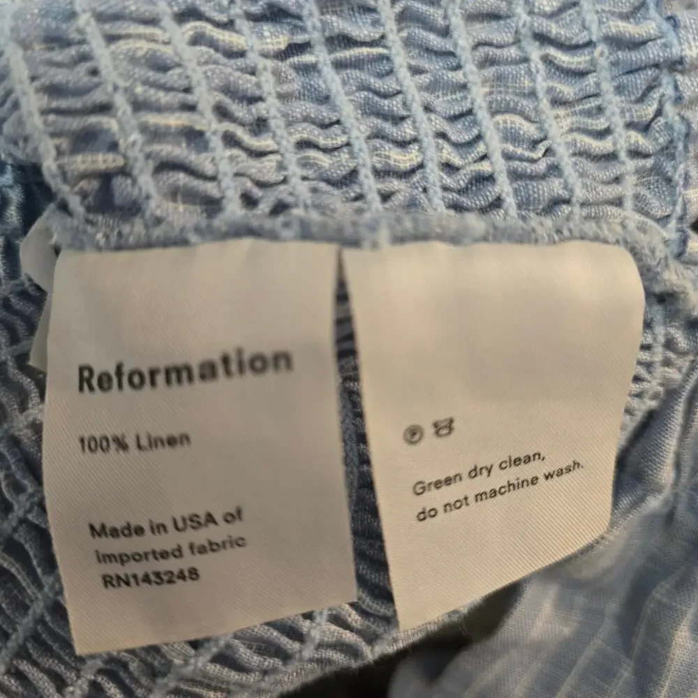 Reformation Maple Linen Blue Smocked Peasant Puff Sleeve Crop Blouse Size Large